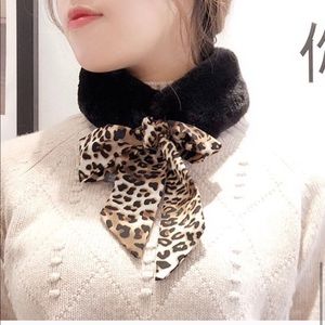Someday Blush Black Faux Fur Collar with Leopard Print Bow Scarf
